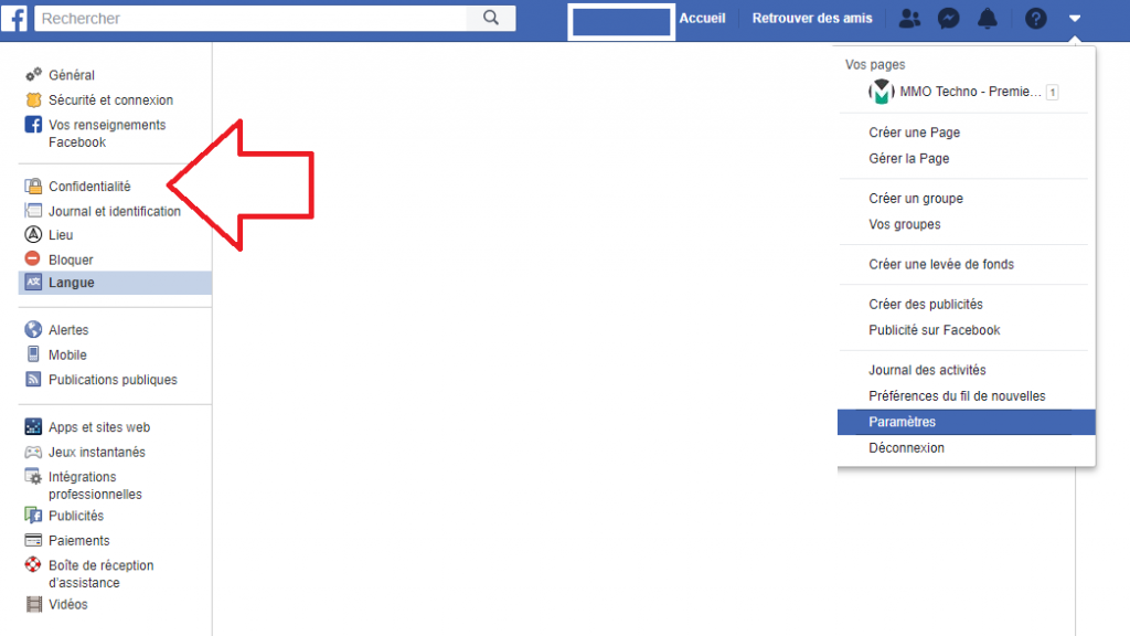 Capture d’écran du menu des paramètres Facebook, avec la section Confidentialité mise en évidence par une flèche